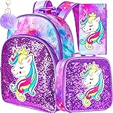 FTJCF 3PCS Girls Backpack, 16" Kids Sequins Unicorn Bookbag with Lunch Box, School Bags for Elementary Preschool Kindergarten - Purple