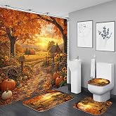 Nkzply 4 Pcs Fall Shower Curtain Set Farms Bathroom Set with Rugs | Autumn Pumpkin Thanksgiving Bathroom Sets with Shower Curtain and Rugs Bathroom Decor Rug Set Toilet Lid Cover Hooks