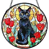TNUW Black Cat Flower Stained Glass Window Hanging, Black Cat Red Tulip Floral Sun Catchers Indoor Window Glass Round Wall Art Decor, Cats Floral Wall Hanging Decorations, 7.9"x7.9"