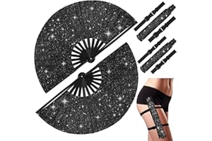 Shruy 2pcs Large Glitter Fan with Holsters 13" Poping Fans Black Handheld Folding Rave Fan Clack Fans for Line Dancing Music Festivals Rainbow Outfits Party CLub Home Decoration