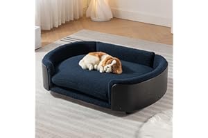 CQSXDA Elevated Dog Bed Pet Sofa with Solid Wood Legs and Bent Soft Backrest, Pet Cat Stool Bed with Cashmere Cushion,for Small and Medium Size Dogs Kitten, Black + Blue