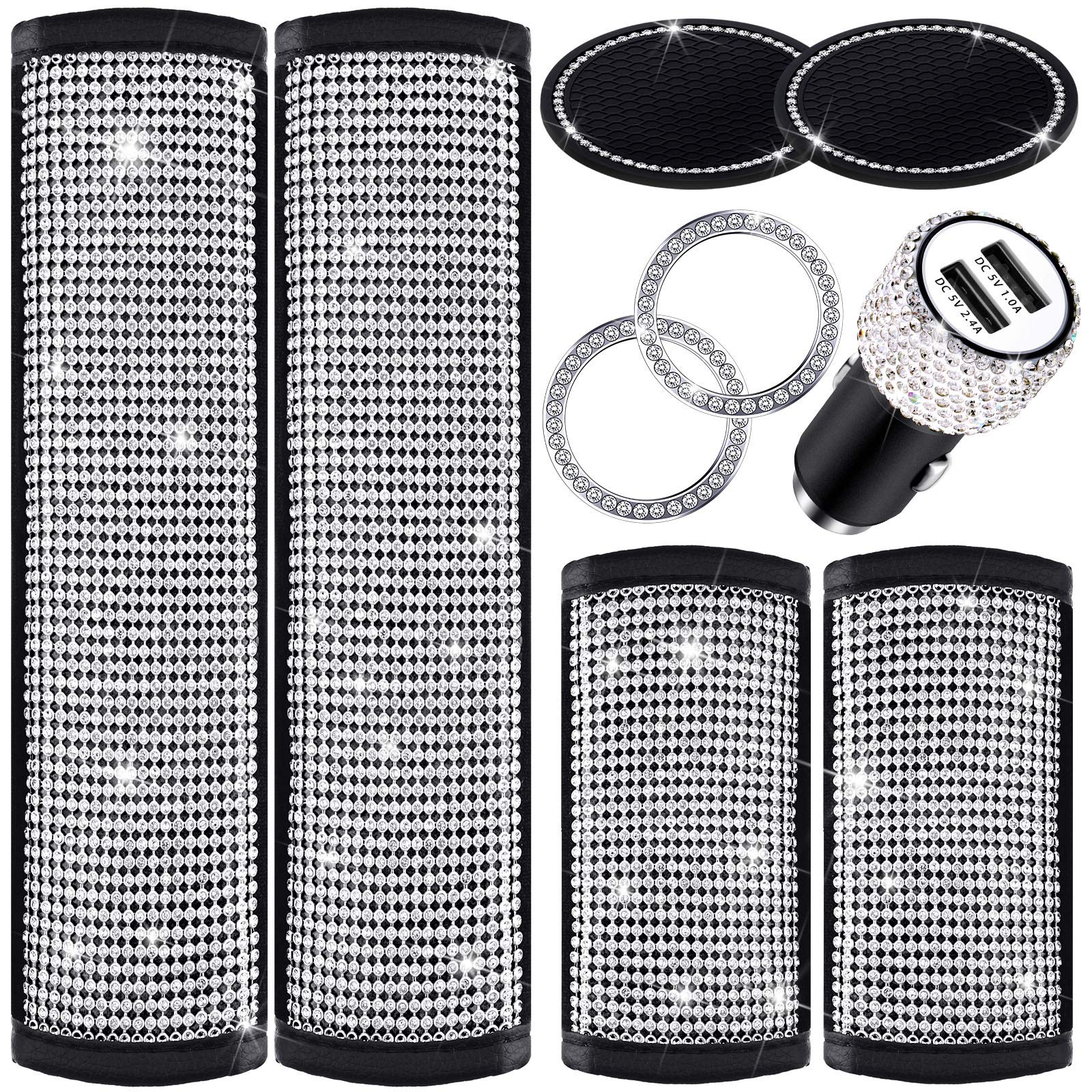 9 Pieces Bling Car Accessories Set, Bling Seat Belt Cover, Bling Door Handle Cover, USB Car Charger, Cup Holder Coasters, Start Button Rings for Most Cars Vehicles (White and Black)