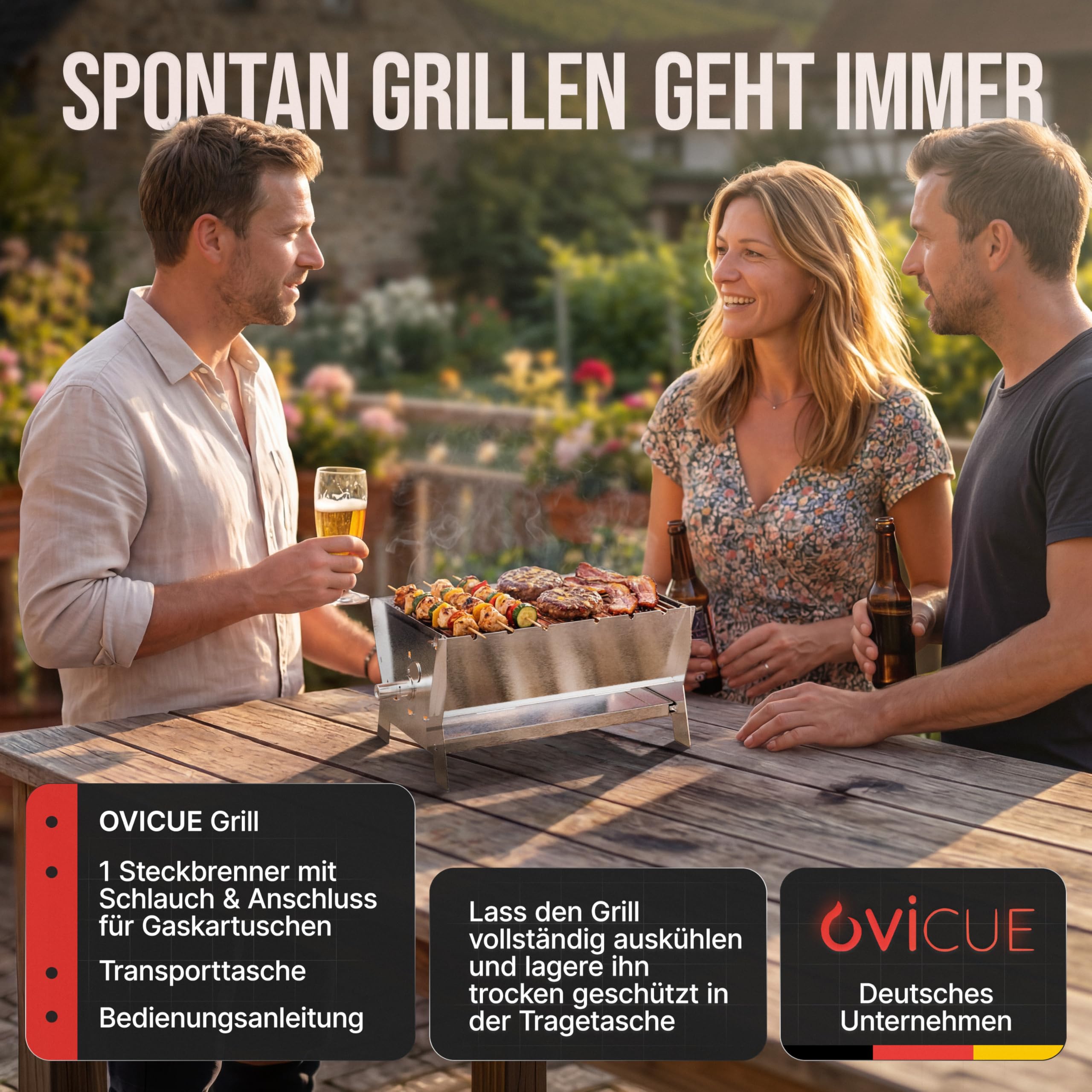 ovicue Grill | Mobiler Steck-Gasgrill – Tragbarer Edelstahlgrill mit Stecksystem – Gas- & Holzkohlebetrieb – Inkl. Tragetasche – Perfekt für Camping, Balkon, Garten & Outdoor - Camping Grill 7