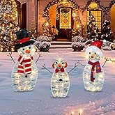 TW SHINE Lighted Christmas Snowman Outdoor Decoration, 3-Piece Pre-Lit 2D Snowman Family Set with 55 Warm White Lights, Christmas Yard Decorations for Patio Lawn Garden Decor, 29.9X12.2Inch-Large