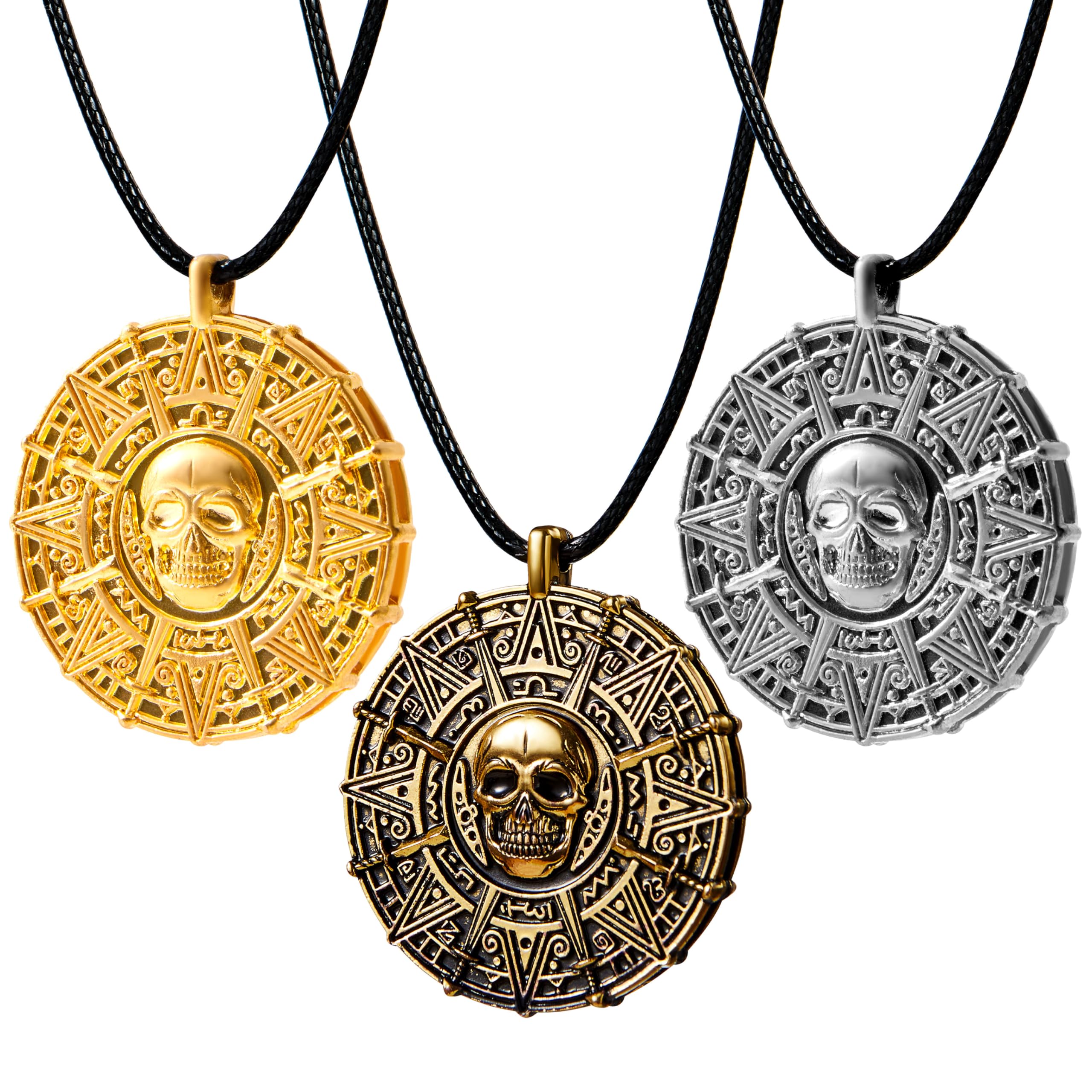 Spooktacular Creations 3PCS Pirate Coin Necklace, Halloween Skull Necklace for Men, Women & Kids Cosplay Props Dress Up Accessories