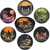 Halloween Skull Coasters Leather Round Drink Coasters 6 Pcs Set with Holderor for Cup Drink Coffee Table Bar Home Decor