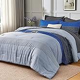 Andency Queen Size Comforter Set 7 Pieces - Blue Grey Patchwork Lightweight Bed in a Bag, Soft Fully Patchwork All Season Bedding Set with Comforter, Fitted & Flat Sheet, Pillowcases & Shams