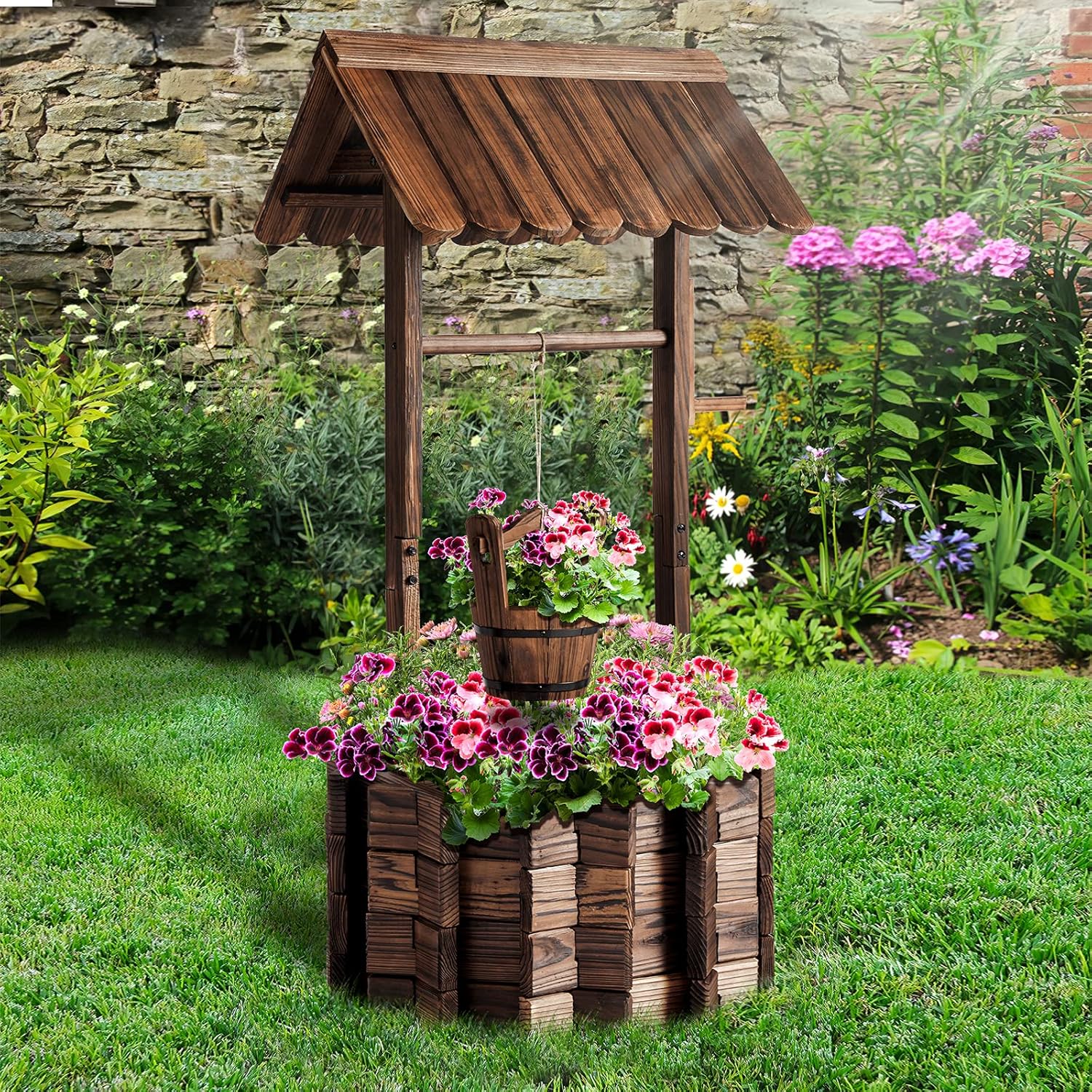 Aoxun Wooden Wishing Well Planter with Hanging Bucket for Flower and Plants Indoor and Outdoor, Rustic Flower Planter Patio Garden Ornamental, Home Decor , Brown