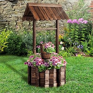 Aoxun Wooden Wishing Well Planter with Hanging Bucket for Flower and Plants Indoor and Outdoor, Rustic Flower Planter Patio Garden Ornamental, Home Decor , Brown
