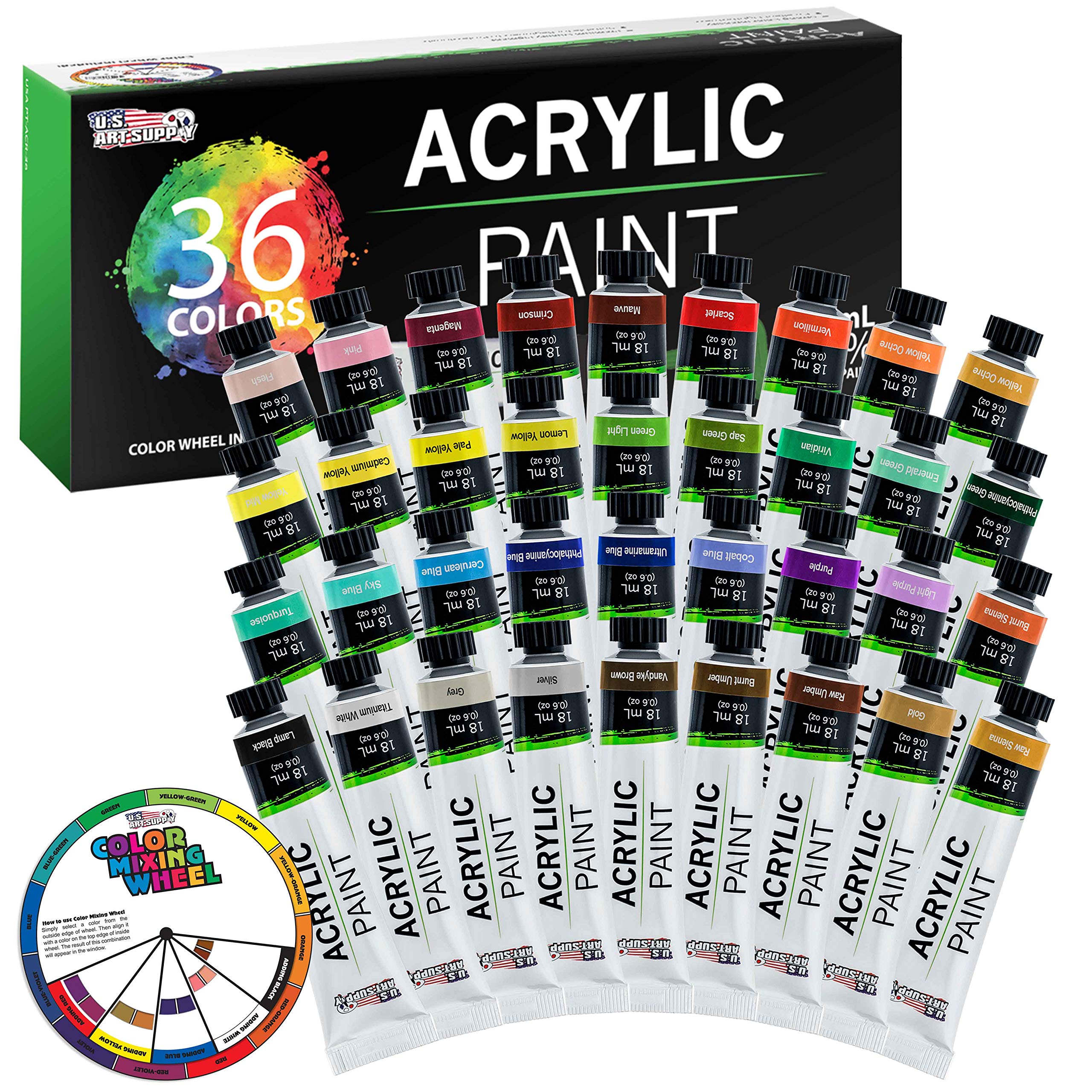 U.S. Art Supply 36-Color Acrylic Paint Set - Professional Art Paints for Canvas, Wood, Fabric & Paper - Ideal for Color Mixing, Craft Paint, Acrylic Paint Sets for Adults, Beginner to Pro