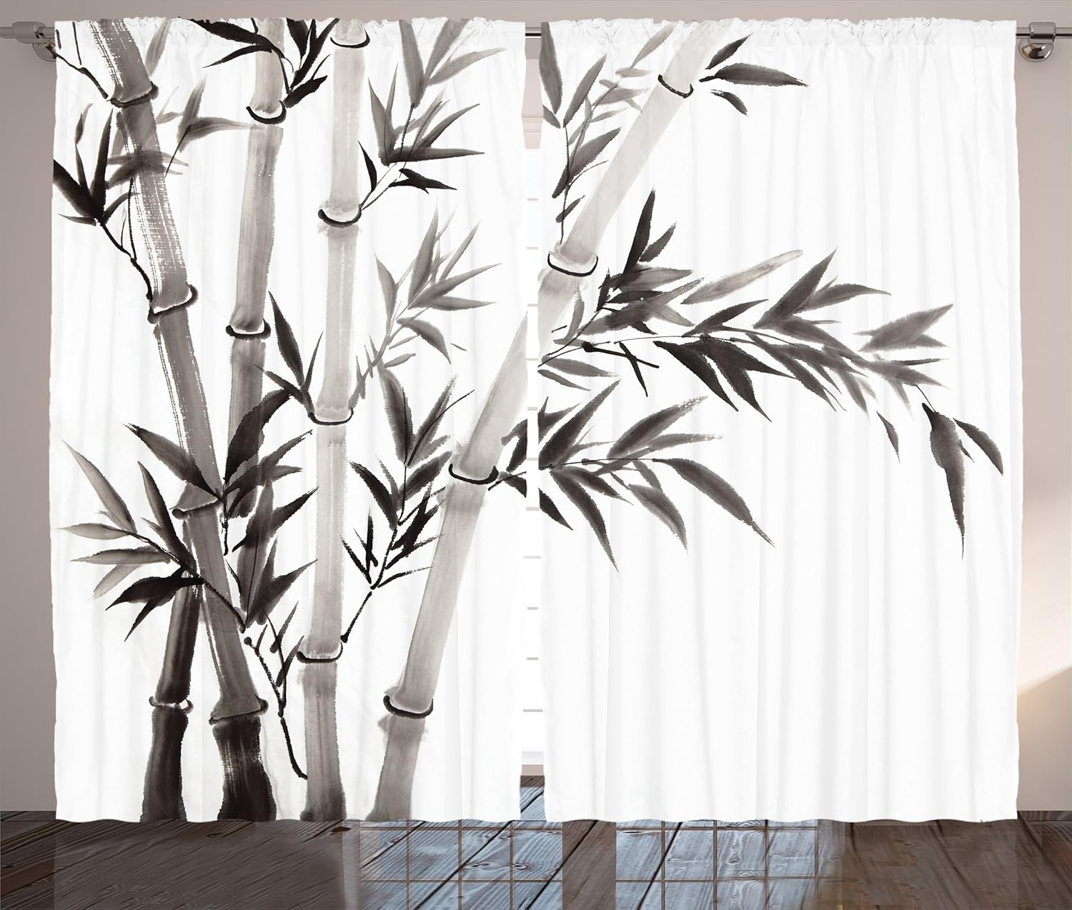 Ambesonne Bamboo Curtains, Traditional Bamboo Leaves Meaning Wisdom Growth Renewal Unleash Your Power Artprint, Living Room Bedroom Window Drapes 2 Panel Set, 108" X 90", Grey White