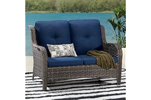 Gardenbee Patio Sofa Wicker 2-Seat Outdoor Couch with Deep Seating, High Back, Steel Frame and Olefin Cushion,Blue