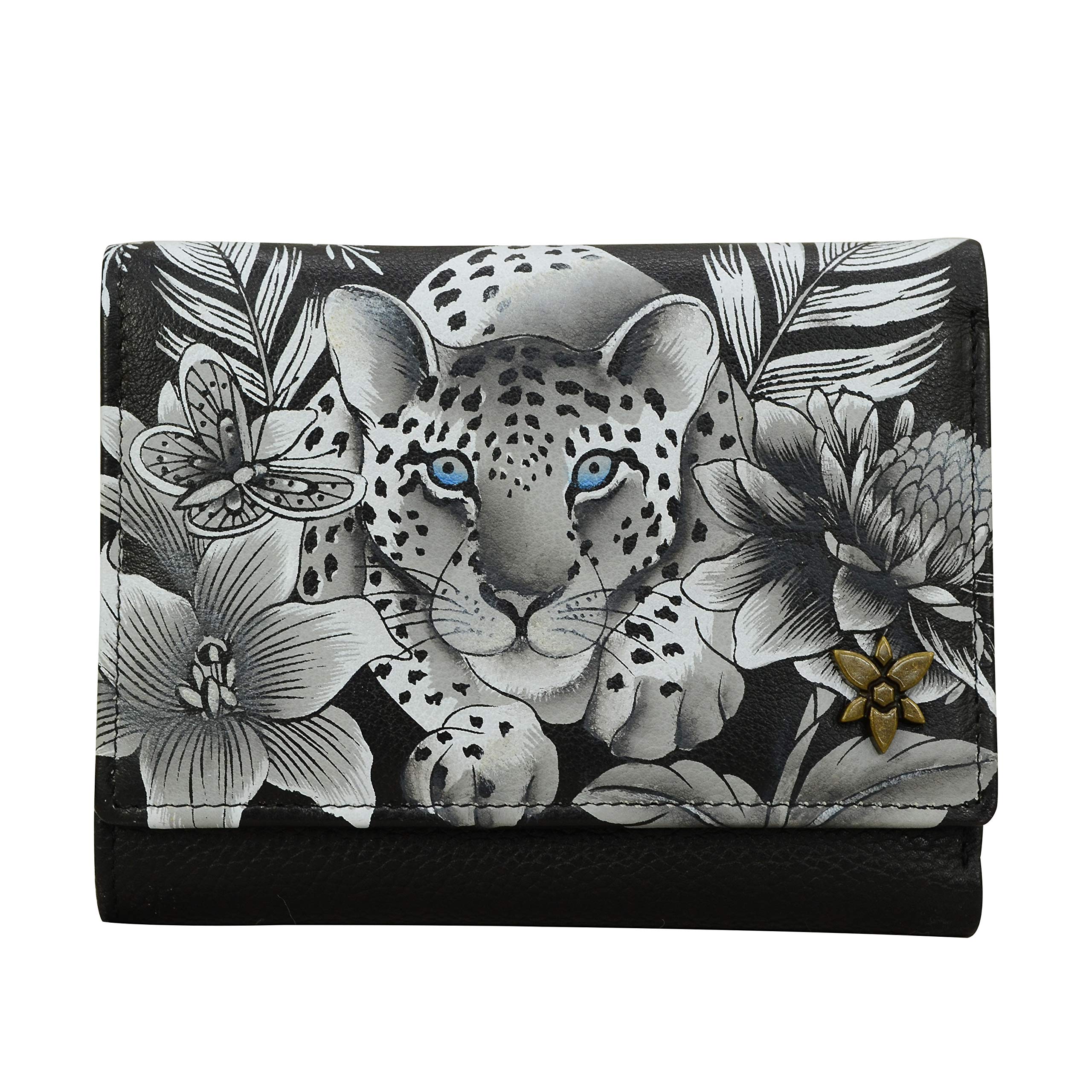 Anuschka Women's Original Hand-Painted Genuine Leather RFID Blocking Small Flap French Wallet - Cleopatra's Leopard