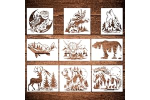 PIRIUUO 9 Pcs Animal Wood Burning Stencils - Deer, Bear, Horse, Moose, Owl, Fish, Wolf, Fence & Spray Painting Drawing Templates for Wood & Fabric DIY Crafts