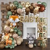 135Pcs Woodland Animals Baby Shower Decoration, Balloon Garland Arch Kit, Complete Set for Neutral Forest Jungle Safari Party Supplies (Sage Green, Brown)​