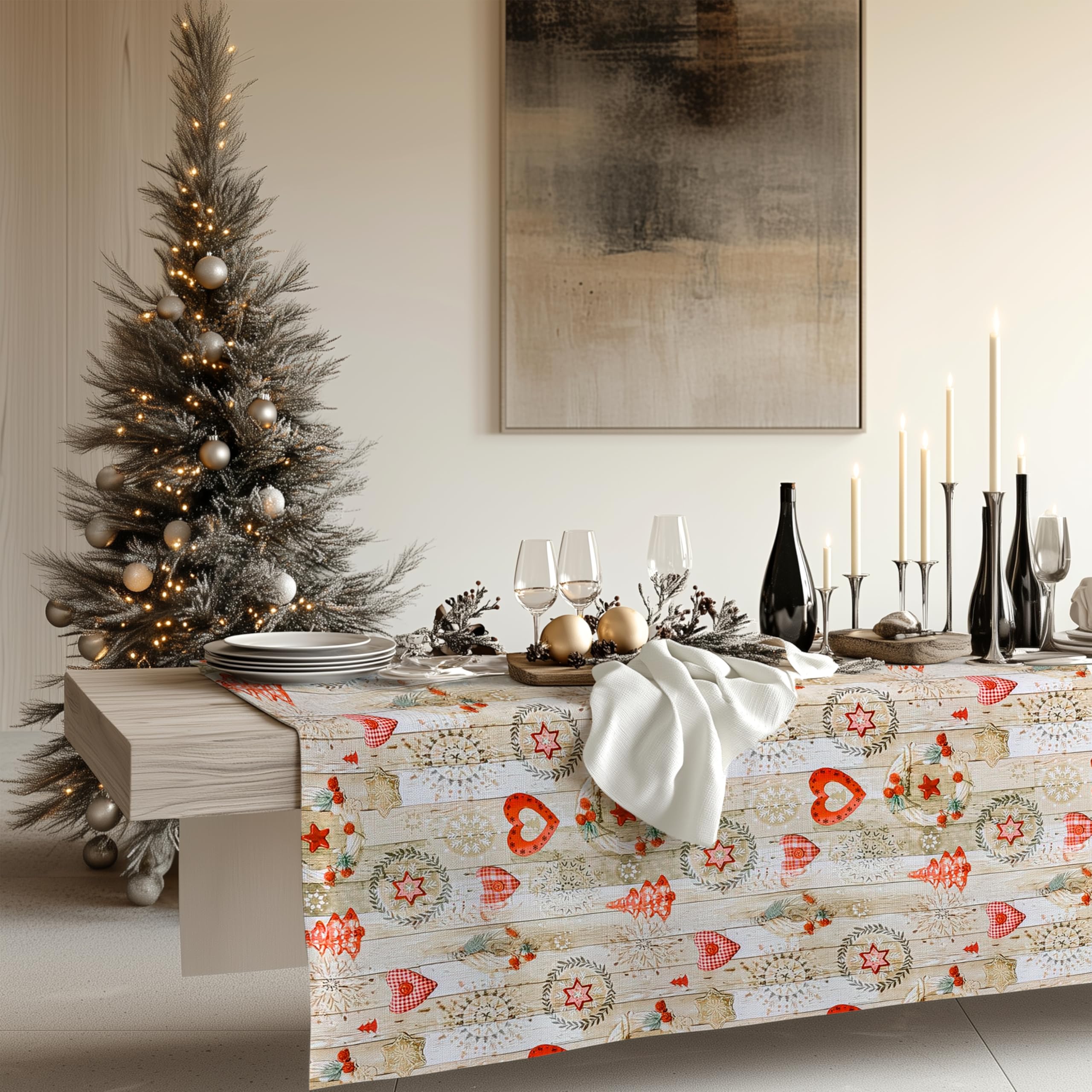 KP HOME Table Cloth Wipeable Christmas PVC Table Cloth Wipe Clean Tablecloth Oilcloth 140x300 Cream and Red Xmas Winter Ornaments 300x140 118x55 Wood Table Cover Waterproof Tablecloth Large 10 Seats — image 1
