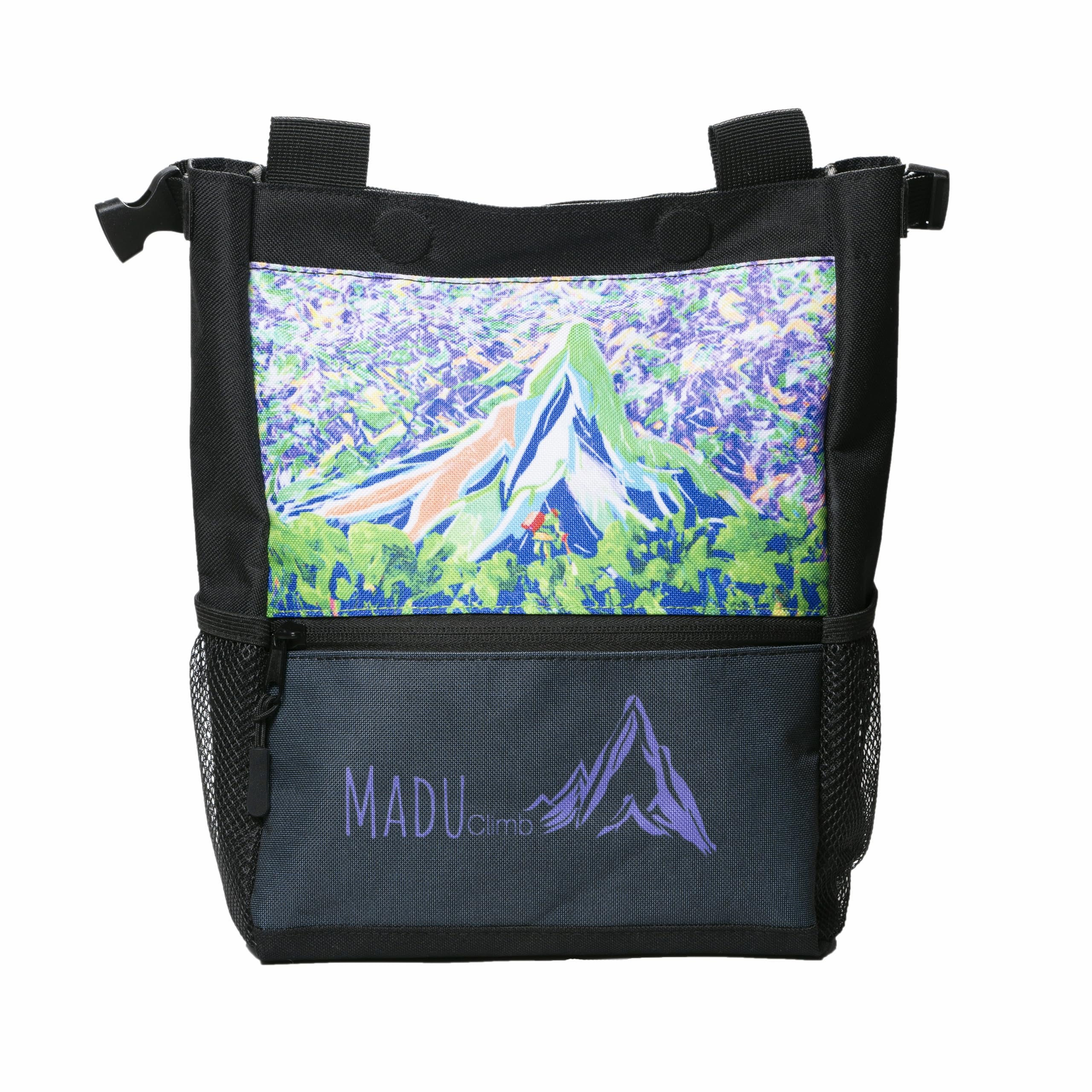 Madu Climb - Bouldering Chalk Bucket Large Self-Standing Chalk Bag with Magnetic Closure, Fleece Lining, Zippered Pockets & Brush Holders (Purple Art Work)