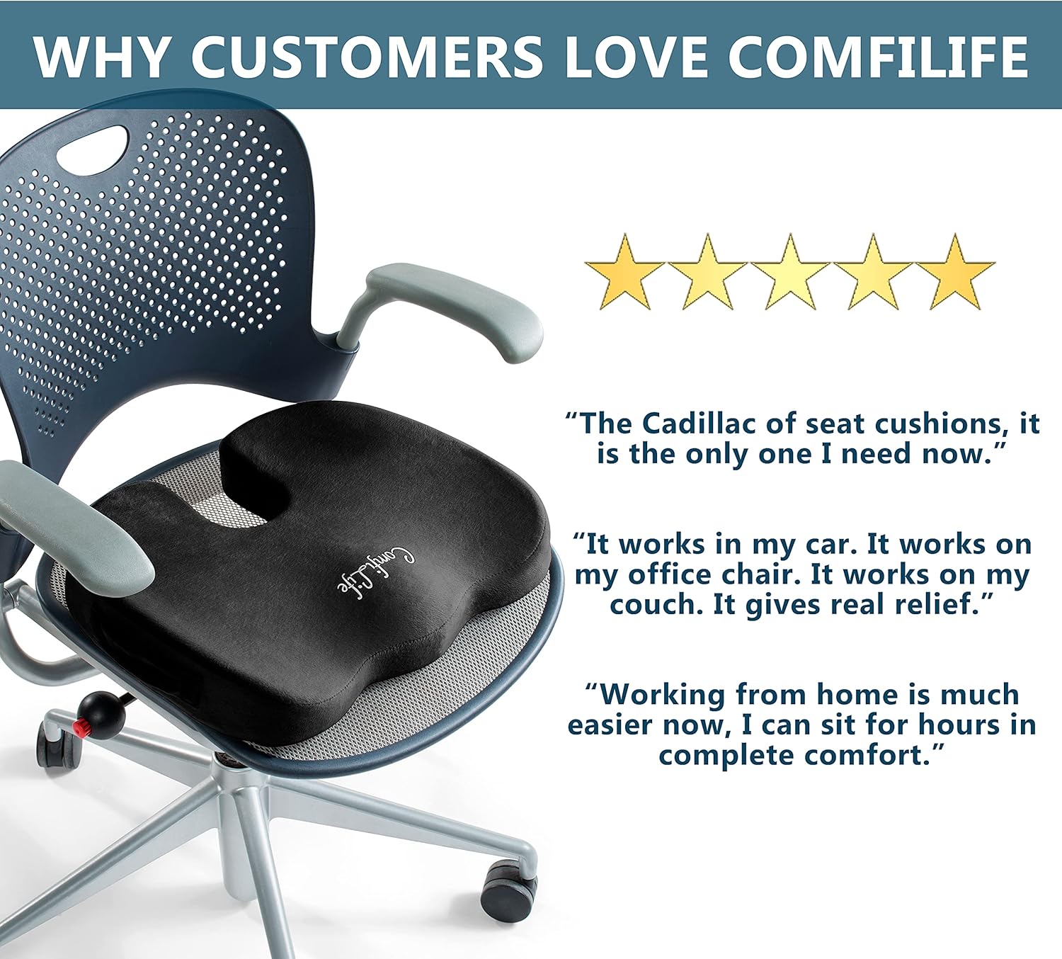 ComfiLife Gel Enhanced Seat Cushion - Non-Slip Orthopedic Gel & Memory Foam Coccyx Cushion for Tailbone Pain - Office Chair Car Seat Cushion - Sciatica & Back Pain Relief (Black): Office Products