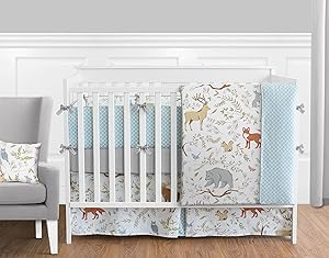 Sweet Jojo Designs 9-Piece Blue, Grey and White Woodland Deer Fox Bear Animal Toile Baby Girl or Boy Crib Bedding Set