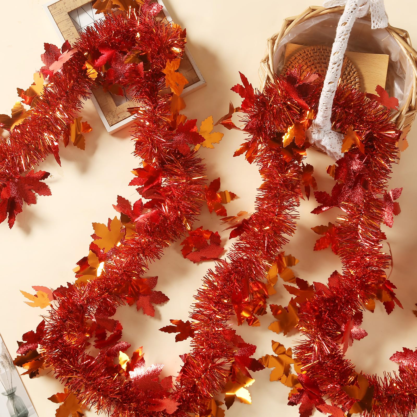 Photo 1 of 100 Feet Fall Maple Leaves Garland Orange Tinsel Leaf Thanksgiving Decoration for Tree Autumn Harvest Mantle Decor Party Garland Supply (100 FT)