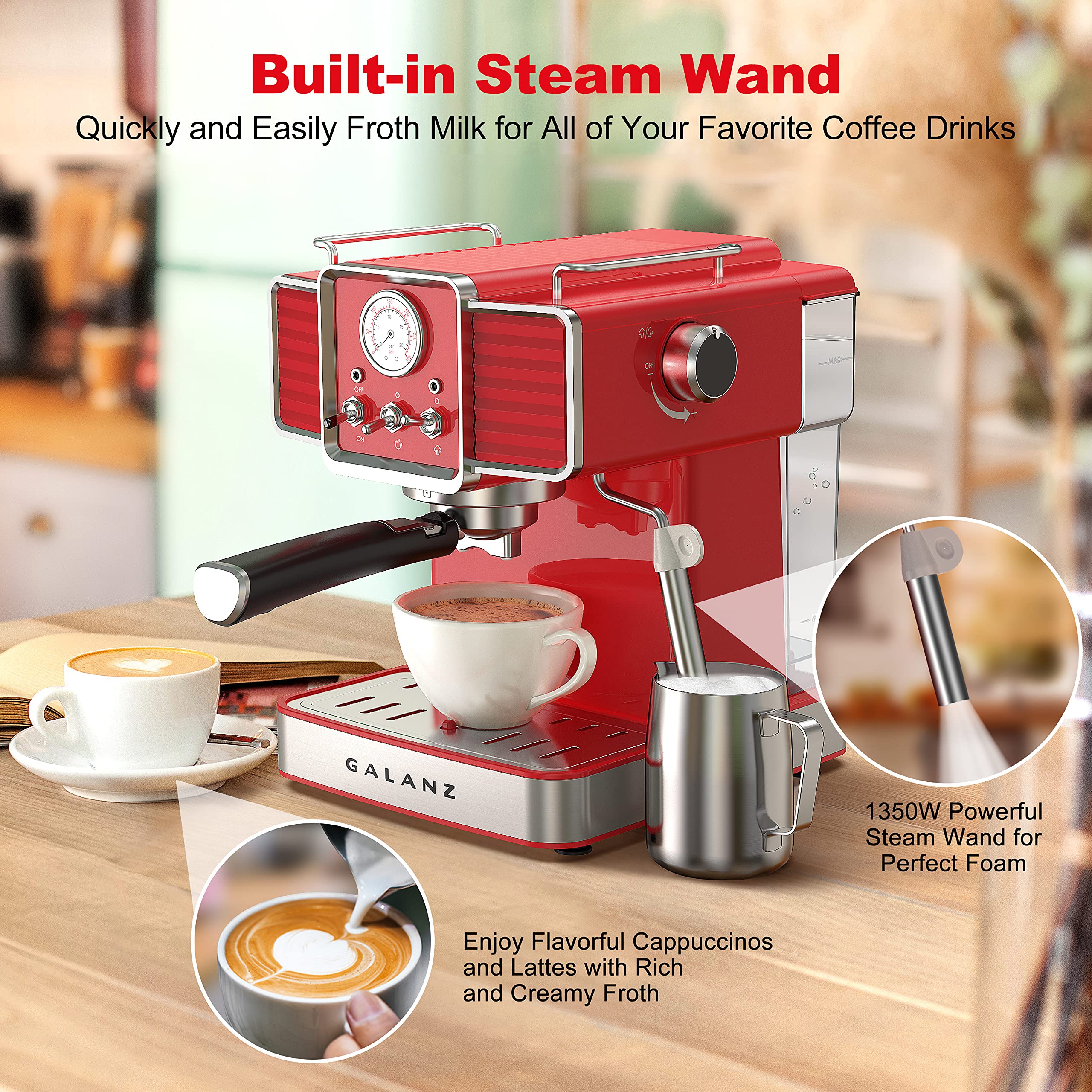 Galanz Retro Espresso Machine with Milk Frother, 15 Bar Pump, Retro Red, 1350 W & Retro Electric Kettle with Heat Resistant Handle and Cordless Pour, 1.7 L, Red
