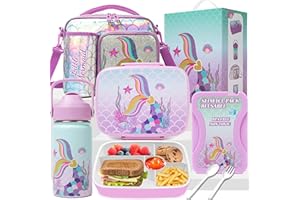 Oruiji Mermaid Bento Box for Kids Lunch Boxs for Girls Bento Lunch Box for Kids Lunch Box Set with 5 Compartments Stainless Steel Water Bottle, Lunch Bag, Ice Pack Set Back to School Supplies
