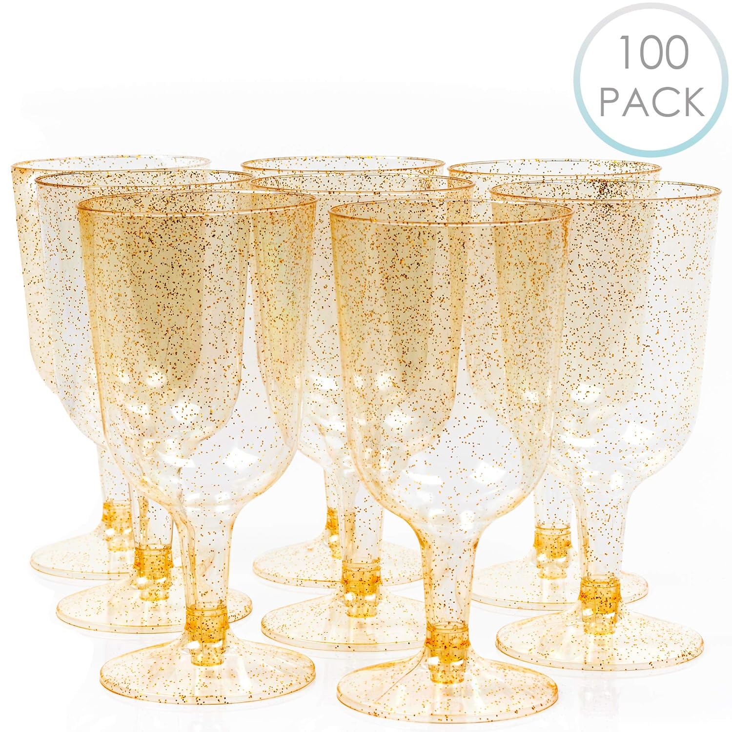 100 Disposable Plastic Wine Glasses Gold Glitter Party Tableware Dinner