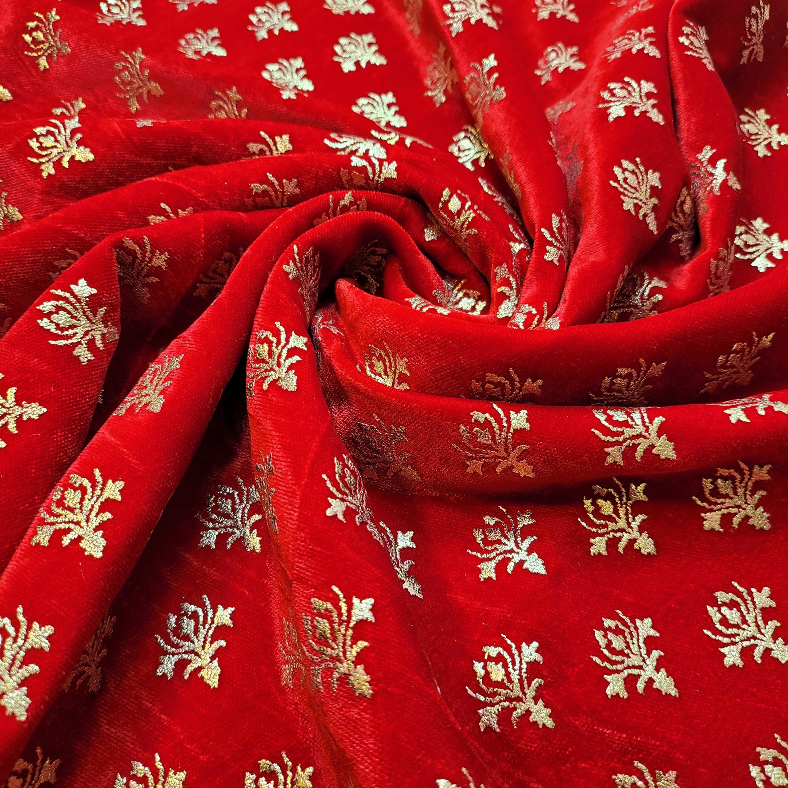 Three Crown Velvet Fabric Soft Strong Material - Home Decor, Curtains, Upholstery, Dress - 112cm Wide (Red Rubber Gold Print, 1 Meter)