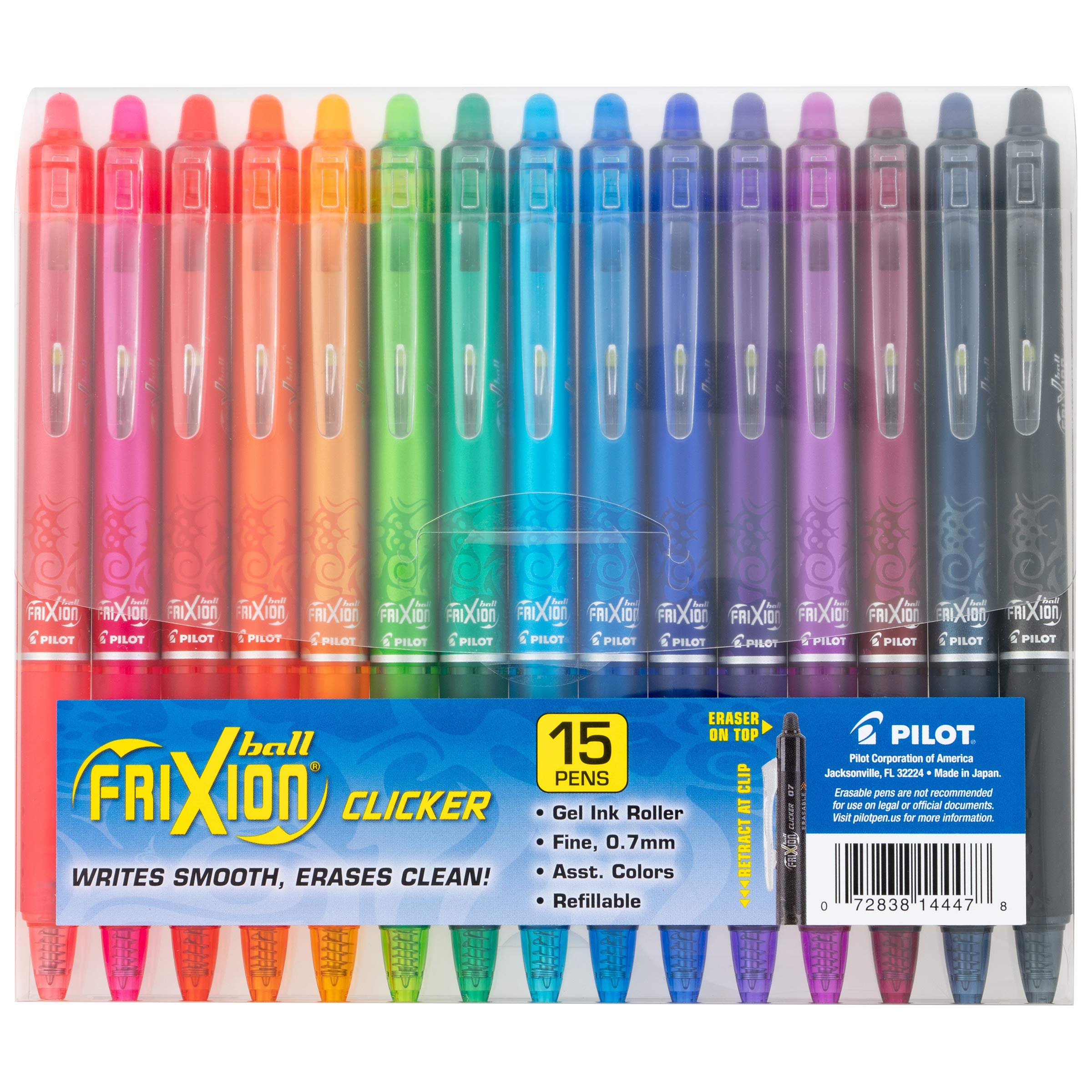 PILOT FriXion Clicker Erasable, Assorted Color Inks, 15-Pack Pouch