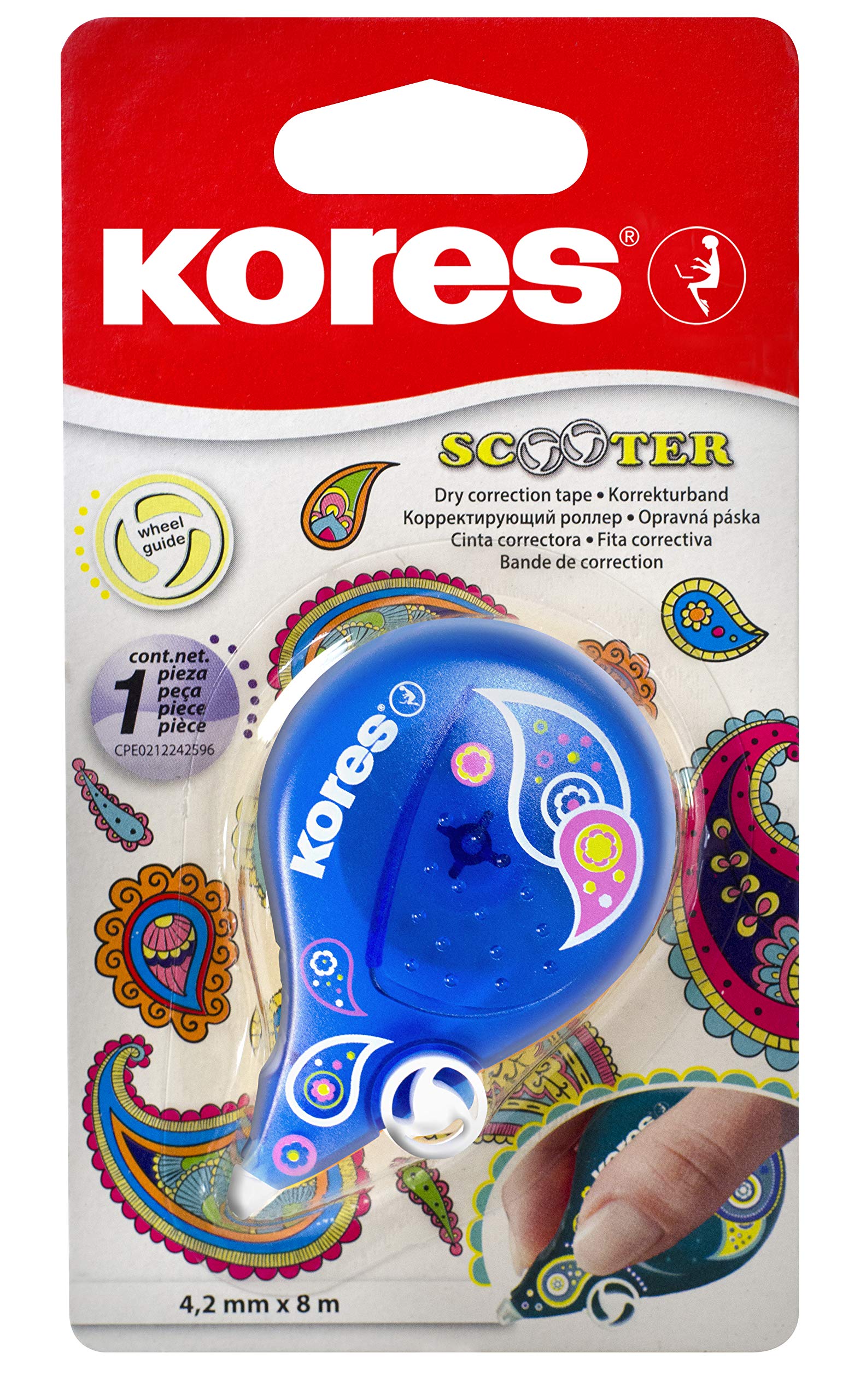 Kores - Scooter Paisley, Correction Tape - No-Peeling Dry Correction Tape Roller with Wheel Guide, Ergonomic - School Supplies, Stationery Supplies - Single Pack 8m x 4.2mm