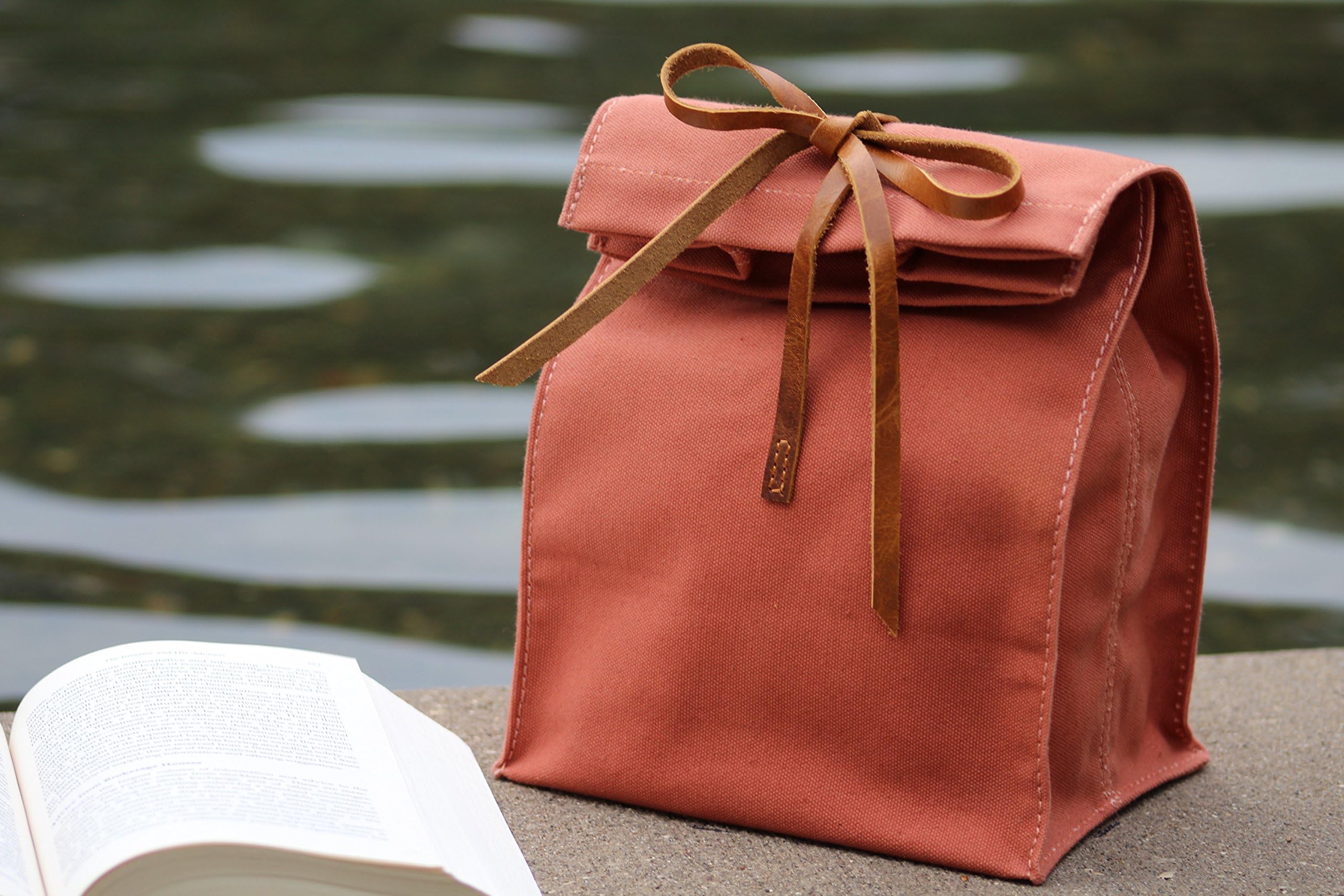 Waxed Canvas Lunch Bag, Handmade,Real Leather, , Lunch Tote, Classic Paper Bag Style, Assorted colors, Eco-friendly Cotton, Reusable, Durable, Waterproof, Lunch Bag, Lunch Box, Picnic,