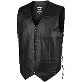 DEFY Leather Motorcycle Vests for Men - Genuine Leather Biker Vest with Side Laces, Concealed Carry Pockets, and Snap Buttons - Classic Club Style Black Leather Vest (6XL, Black)