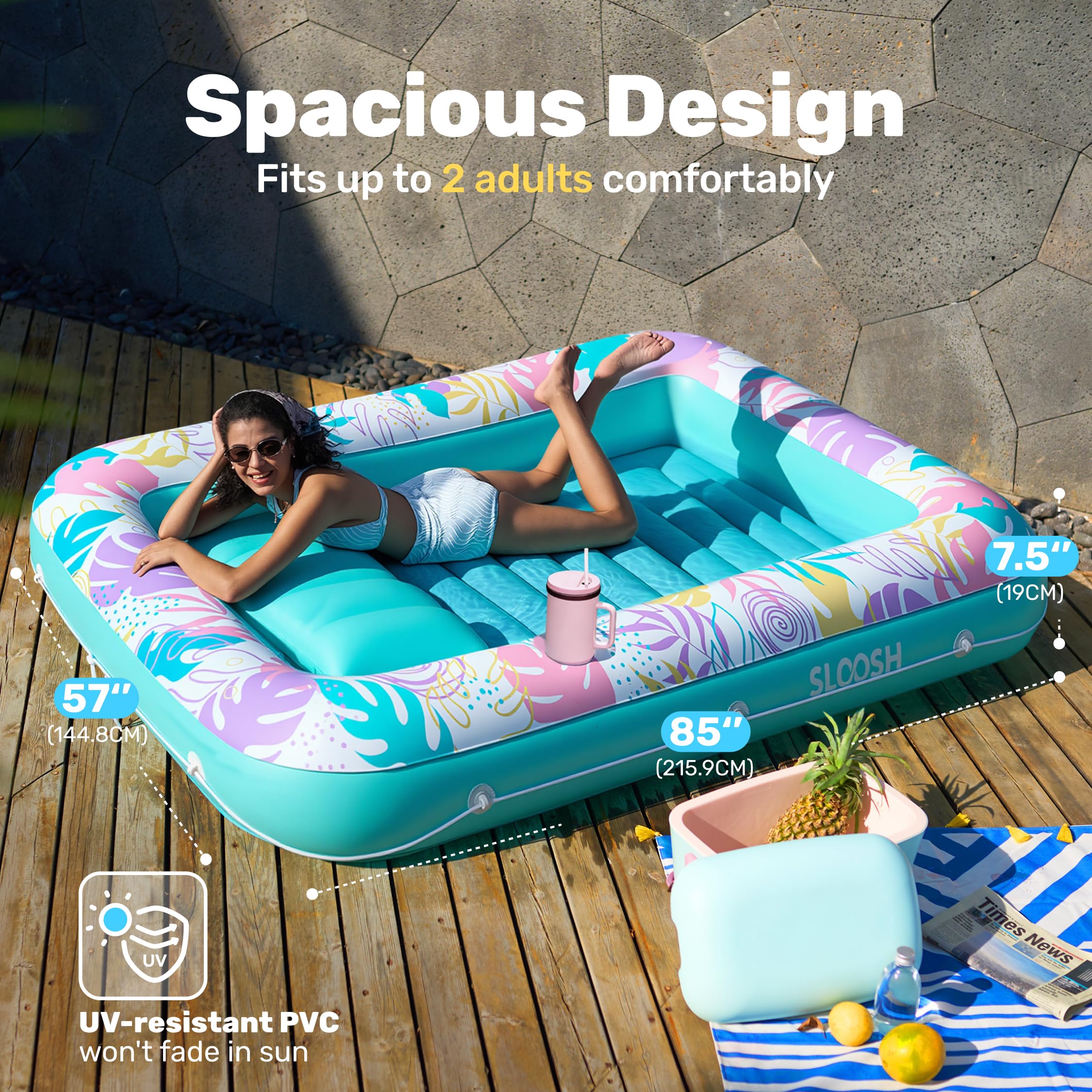 Condition photo showing New/Like New for sloosh inflatable tanning pool lounger float, 85" x 57" pool floats adult with pillow, 4 in 1 suntan