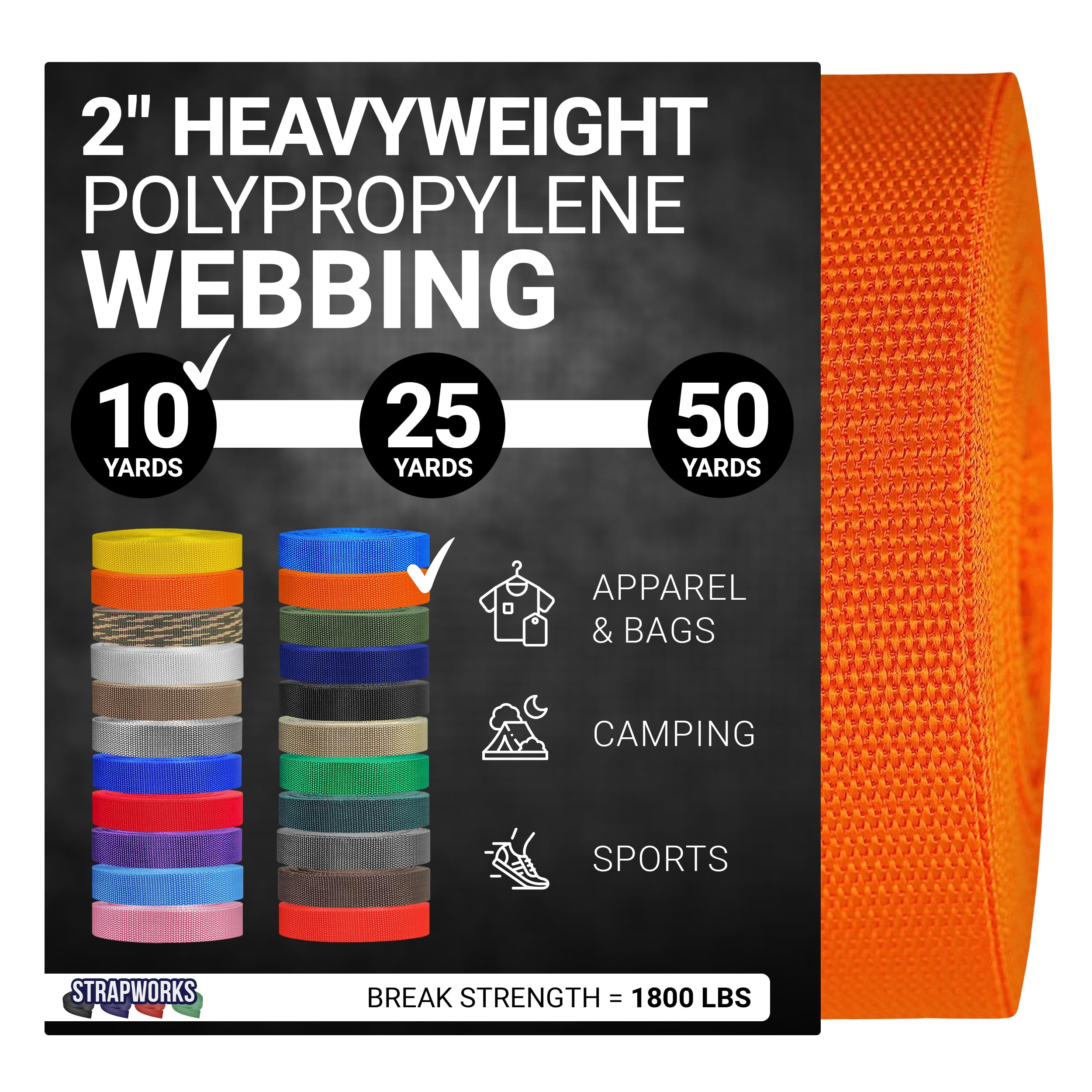 Strapworks Heavyweight Polypropylene Webbing - Heavy Duty Poly Strapping for Outdoor DIY Gear Repair, 2 Inch x 10 Yards - Orange