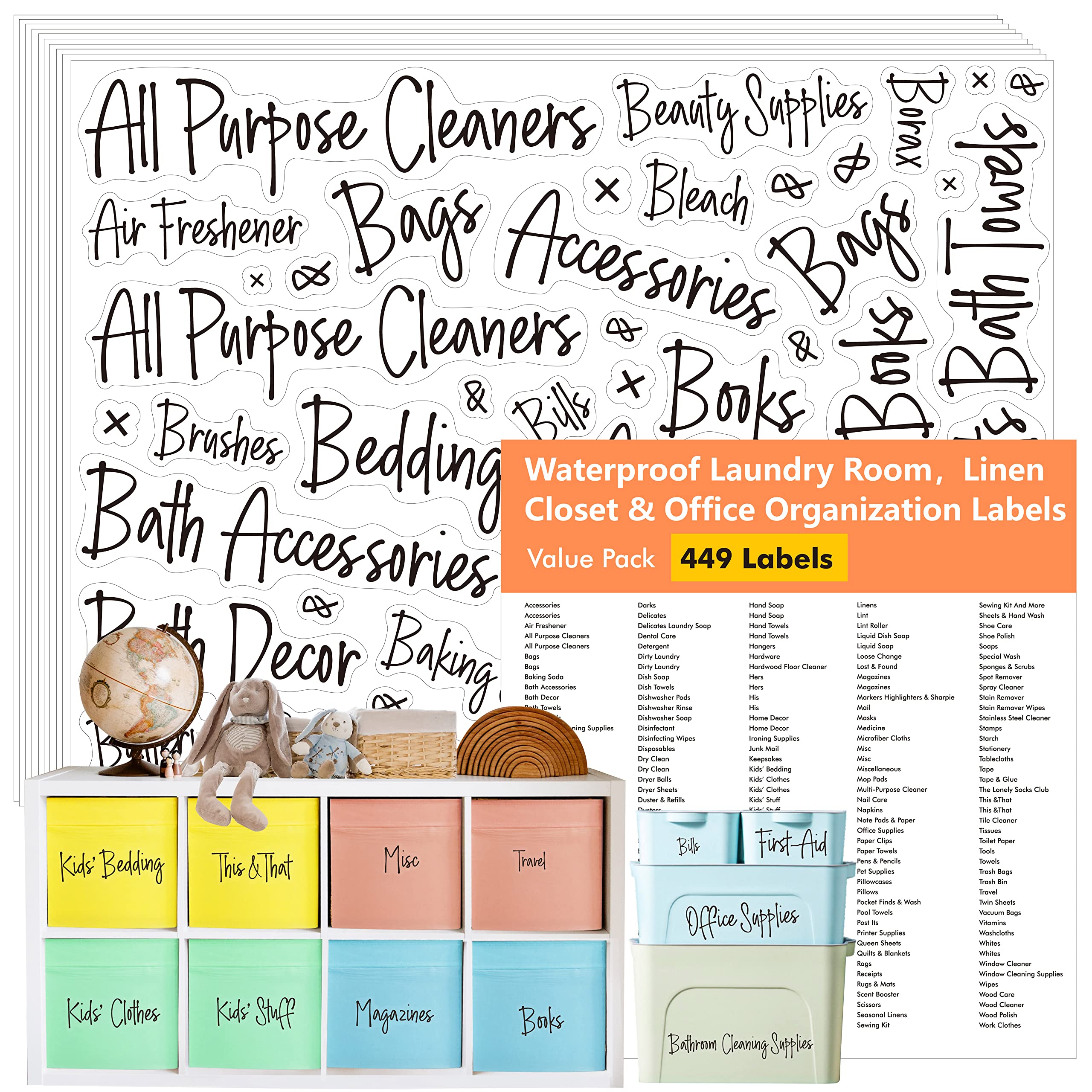 449 Cursive Laundry Room Labels, Include 413 Preprinted Bathroom, Linen Closet & Office Stationery Stickers and 36 Blank Ones, Water/Oil/Tear Resistant No Residue Home Labels