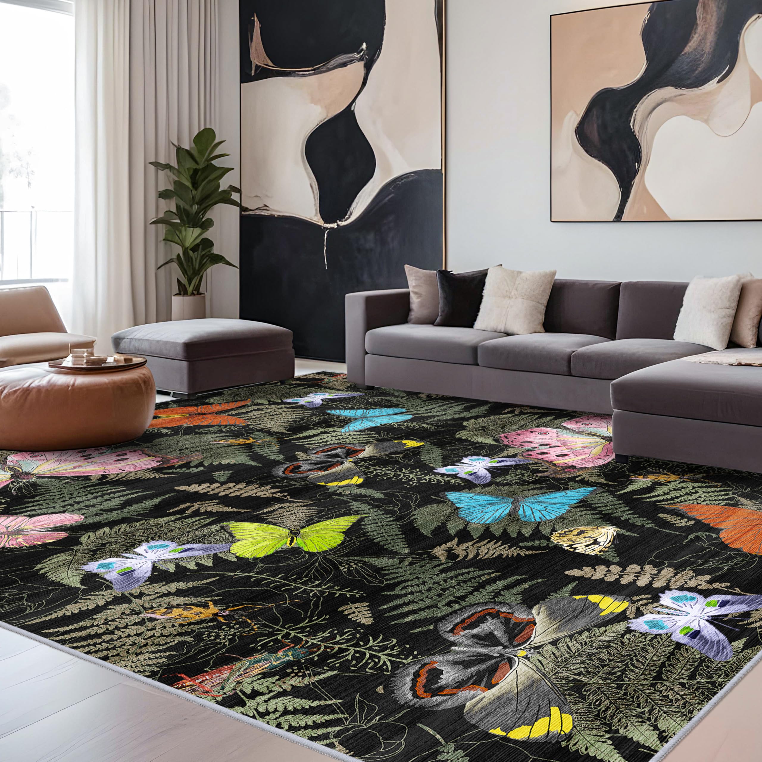 TOPRUUG Washable Oriental Area Rug - 9x12 Rugs for Living Room Soft Carpet for Bedroom Waterproof Floral Distressed Indoor Stain Resistant Non-Shedding Floor Carpets (Black Green Butterfly, 9x12) Image