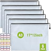 Mesh Zipper Pouch, 6PCS Waterproof Plastic Mesh Zipper Bag, A3 Size Tear-Resistant Document Pouch, Extra Large Zip File Bags, for School Office Supplies Home Travel Storage(17×12 Inch)