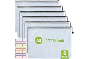 ASTEN Mesh Zipper Pouch, 6PCS Waterproof Plastic Mesh Zipper Bag, A3 Size Tear-Resistant Document Pouch, Extra Large Zip File Bags, for School Office Supplies Home Travel Storage(17×12 Inch)