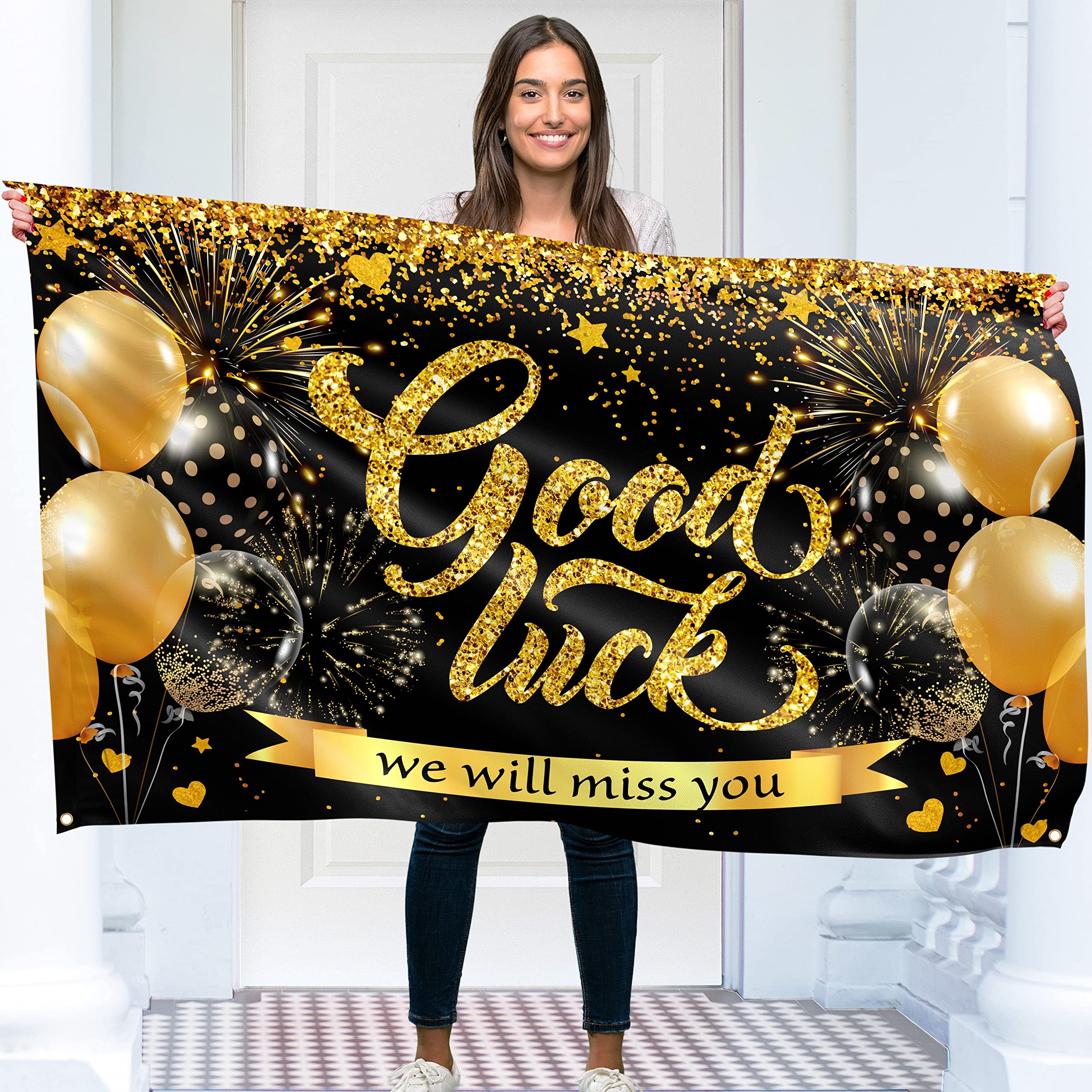Good Luck Banner - Sorry Your Leaving Decorations 5ft x 3ft - We Will Miss You Goodbye Farewell Banner (Black & Gold)