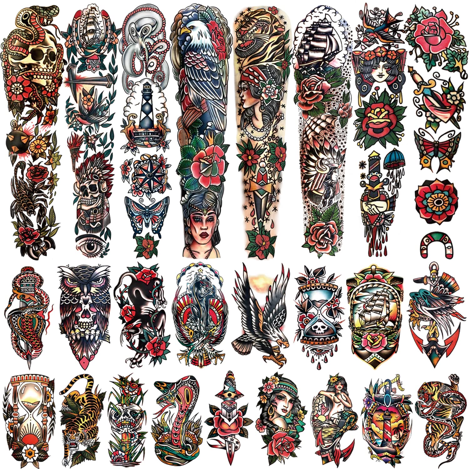 Photo 1 of 55 Sheets Temporary Tattoos,8 Sheets Full Arm Waterproof Flower Owl Snake Fake Halloween Tattoo Stickers for Adults Women Men,17 Sheets Half Arm 30 Sheets Small Tattoos Realistic for Kids Girls Boys
