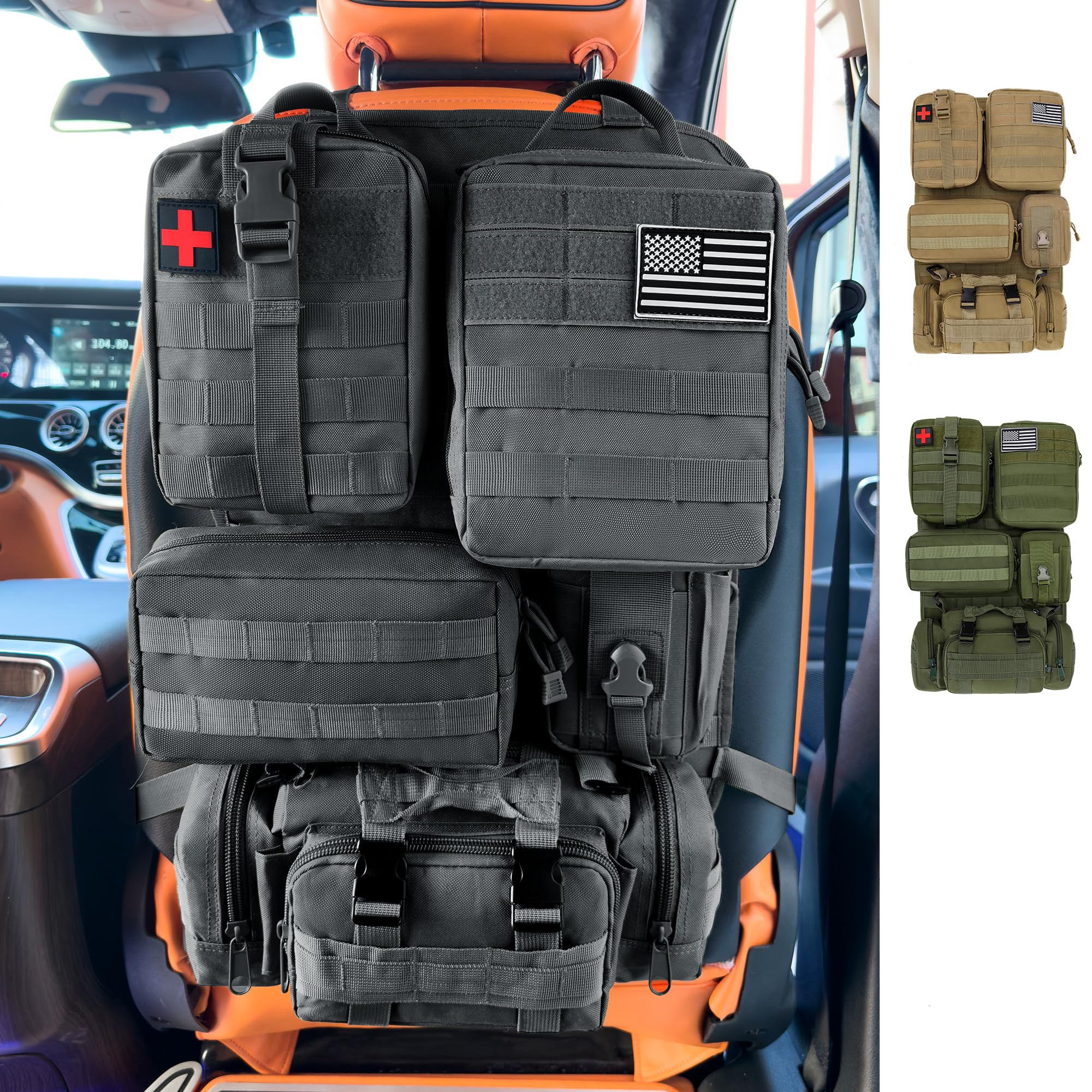 Photo 1 of 6 Pack Tactical MOLLE Car Seat Back Organizer - Universal Vehicle Storage Bag with 5 Detachable MOLLE Pouches, US Flag Patch & Keychain, Fits Jeep, Truck, SUV, Car, Ford, Chevy, Toyota, Honda (Black)