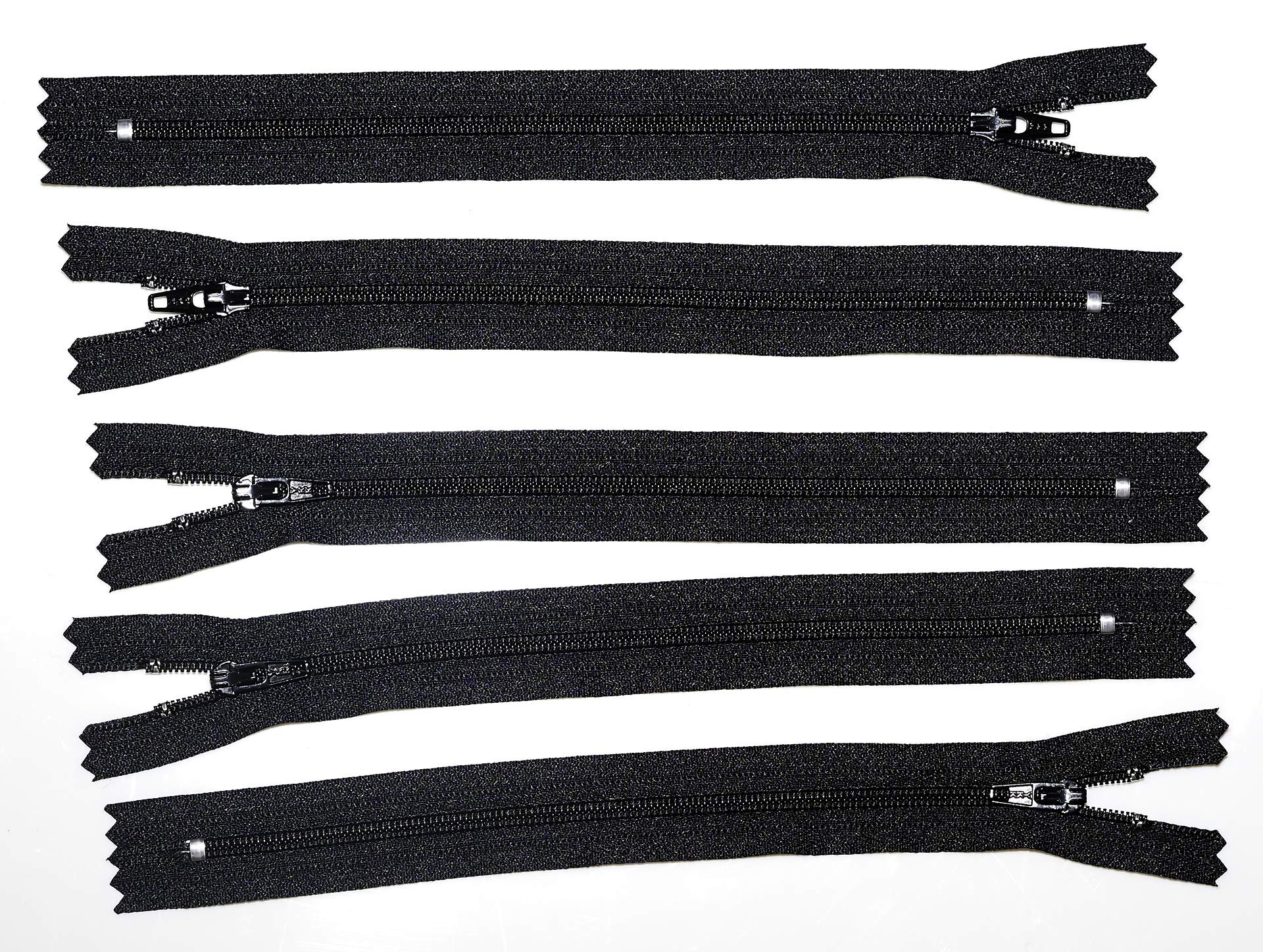Pack of 5 YKK Nylon Black Closed end Zip 8,9,10,11,12,15,20. Size 3. (8 inch)