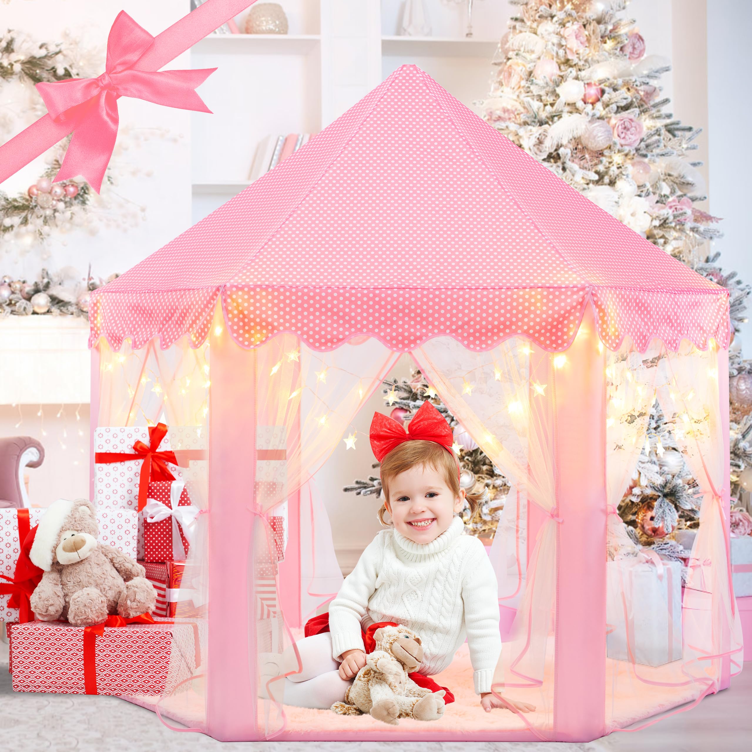 EVOIONOS Princess Tent for Girls, Kids Play Tent with LED Star Lights, Castle Playhouse for Children Indoor Outdoor Games, 55X53 inches, Pink