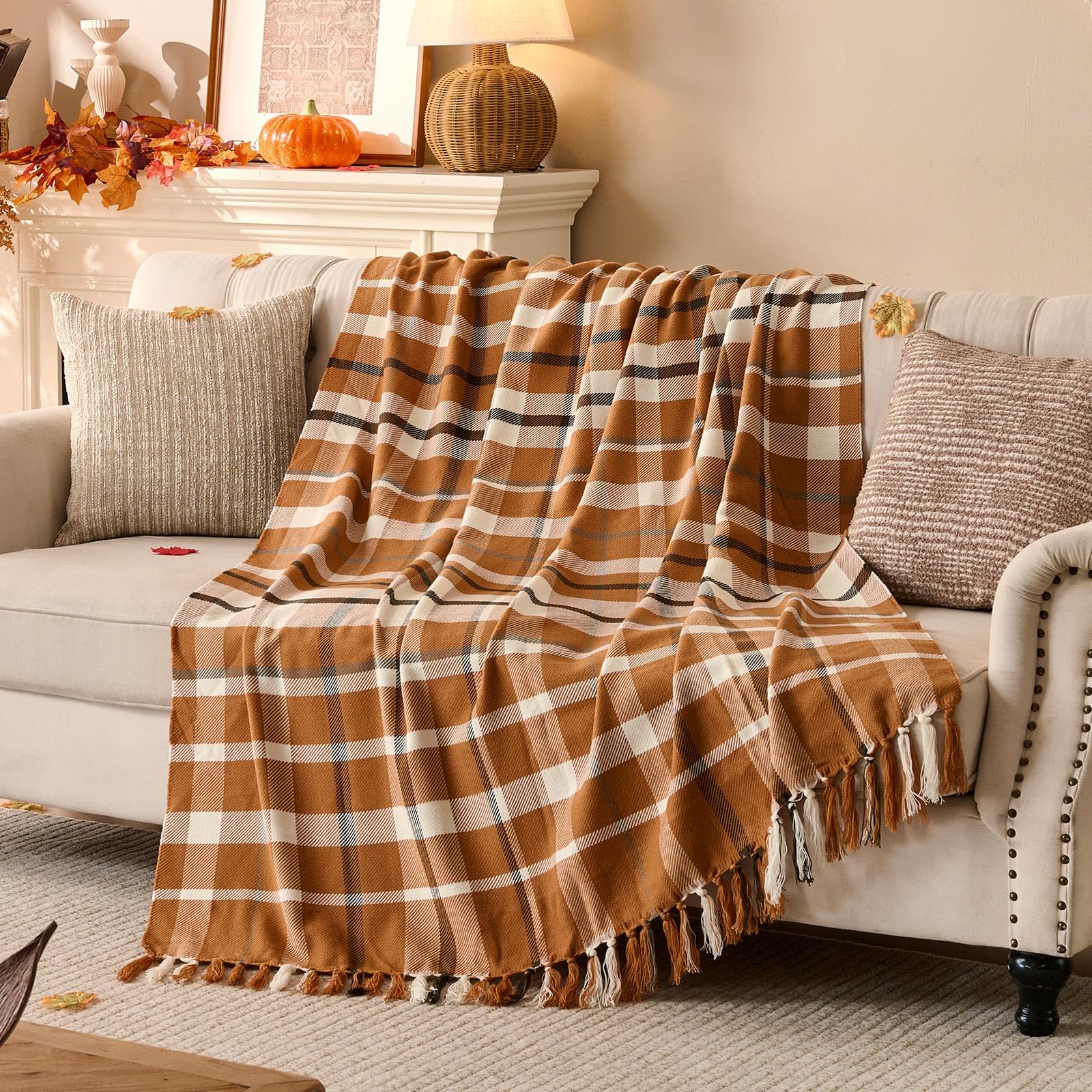 Photo 1 of Lanpn Fall Plaid Throw Blanket, Cozy Soft Checked Blankets for Couch Sofa Bed, Decorative Acrylic Fall Throws with Fringe, Picnic Cashmere Like Shawl, Autumn Thanksgiving Home Decor Gift, 50x60, Khaki