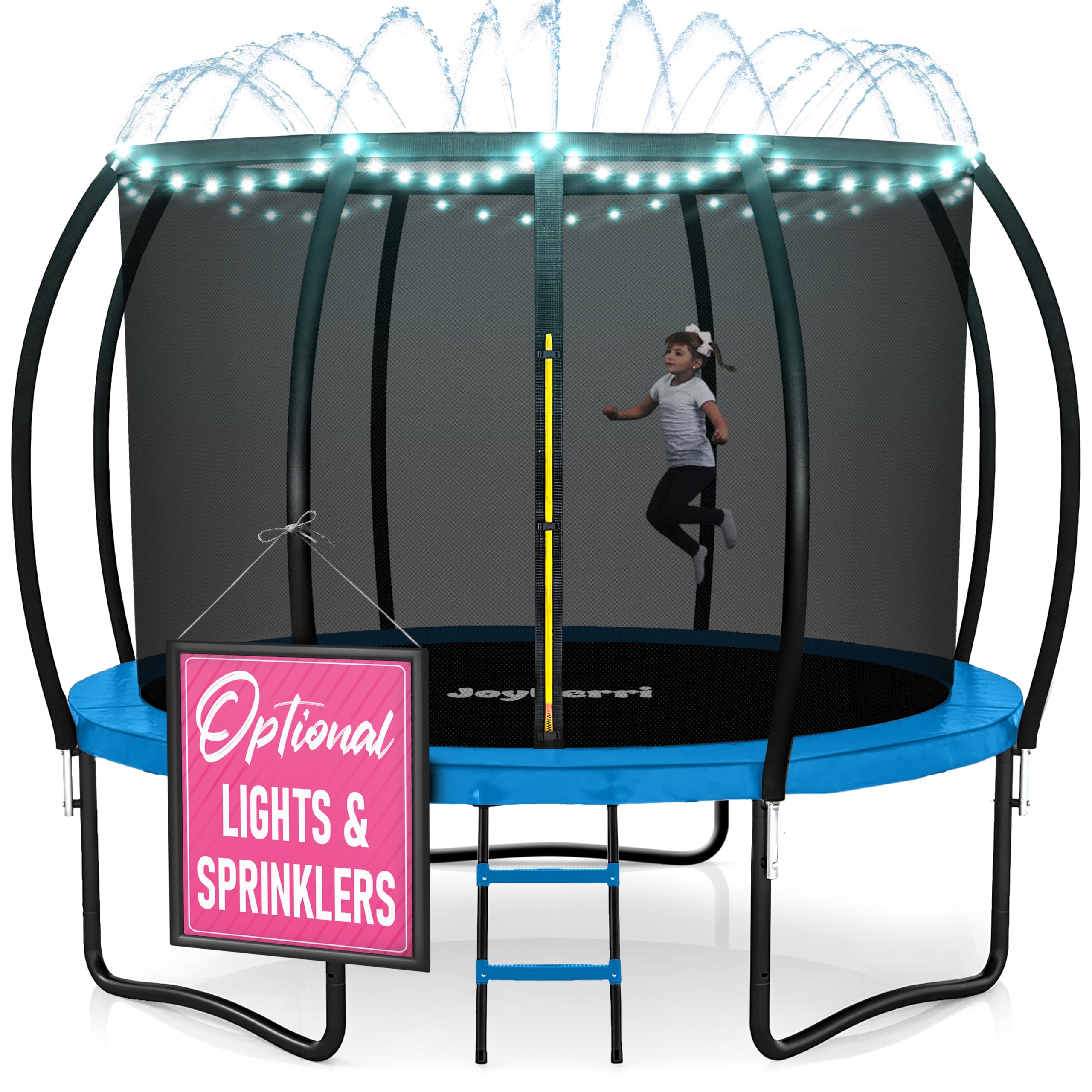JoyBerri Upsurge Trampoline Outdoor - ASTM Certified Safe 8Ft 10Ft 12Ft 14Ft 15Ft 16Ft Recreational Trampoline for Kids and Adults. Anti-Rust Coating with Enclosure Net, Ladder, Sprinkler & LED Lights Image