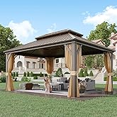 YOLENY 12x16 Hardtop Gazebo with Galvanized Steel Double Roof，Brown | Outdoor Metal Gazebo with Aluminum Frame，Curtain and Netting，for Garden, Lawn, Deck