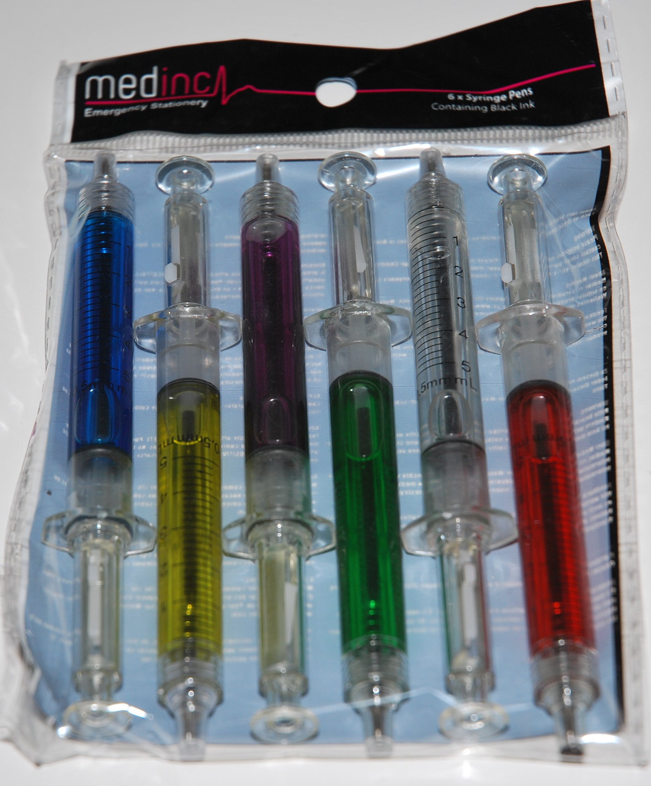Medinc Pack of 6 Mixed Colour Syringe Pens with Black Ink Great Nurse Novelty Pen Stationary Set or Doctor Medical Student Stationery Pen Set NHS