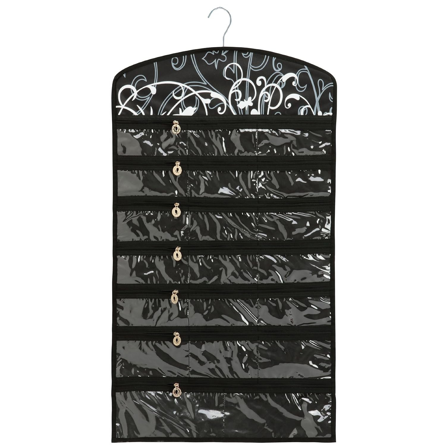 Black Floral 40 Zipper Pockets Dual Sides Spacesaving Hanging Earrings