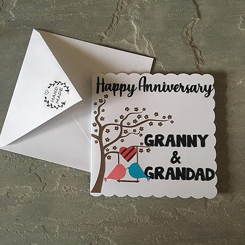 Handmade Happy Wedding Anniversary Card Personalised Anniversary Card Love Birds In Tree Design Amazon Co Uk Handmade