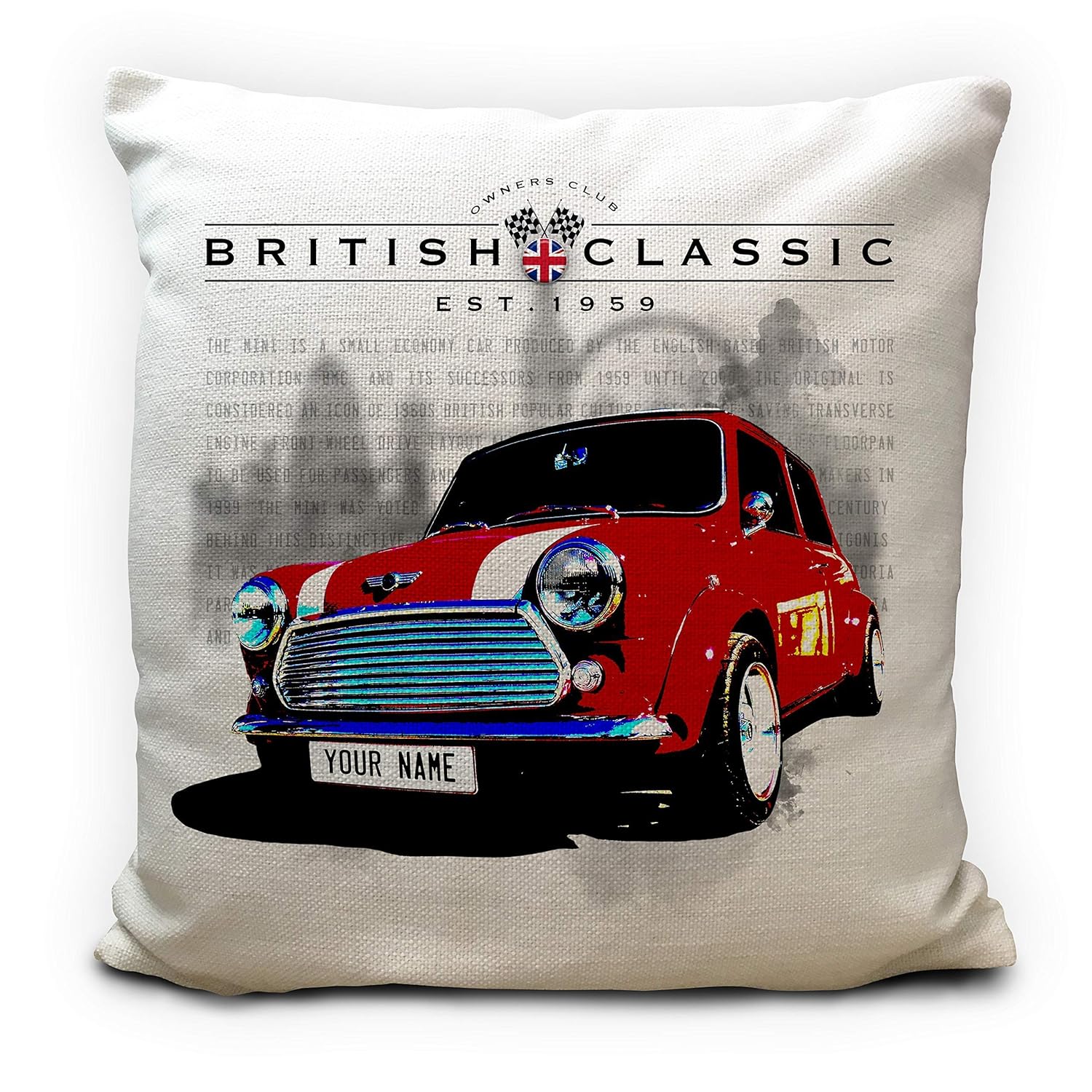 Personalised Mini Cooper Cushion Cover Red Classic Car Gift Your Name